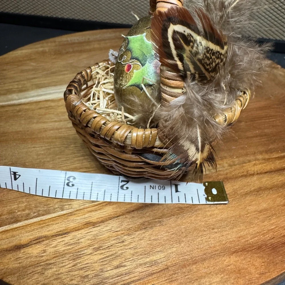 Vintage Hand Painted Gold Holly Egg in Miniature Wicker Basket with Feathers